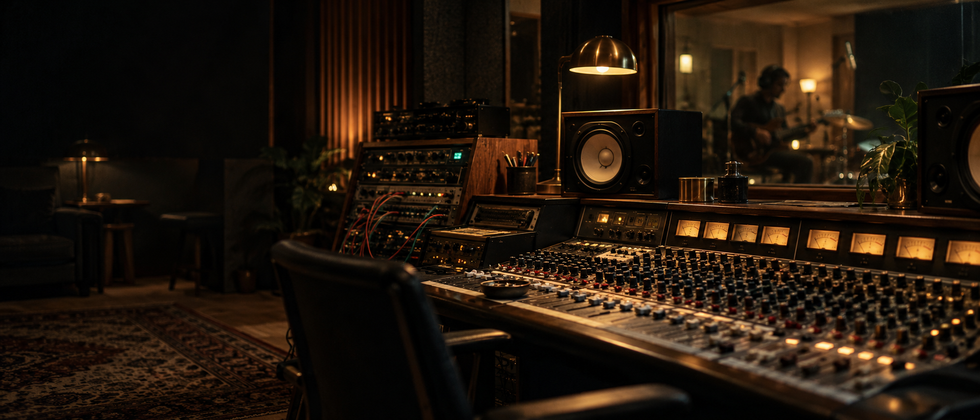 A warmly lit analogue recording studio control room